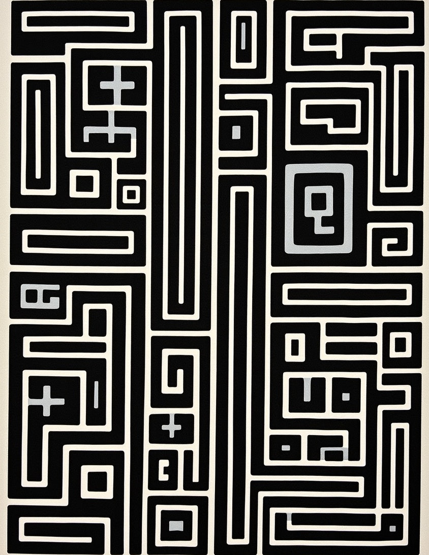 Black Cream Geometric Maze Art Rug