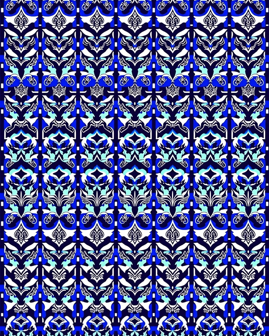 Electric Blue White Floral Damask Rug