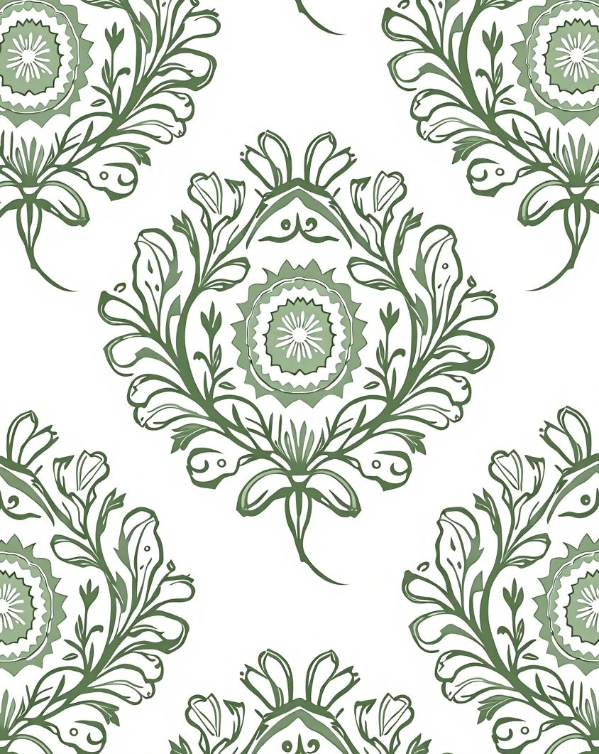 Sage Green Floral Medallion Repeat Rug