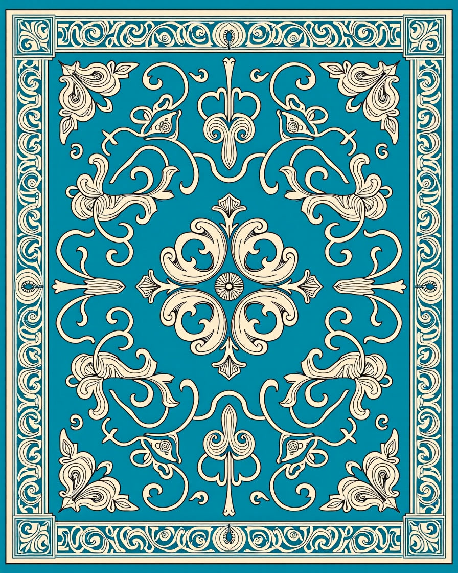 Teal Cream Ornate Floral Scroll Rug