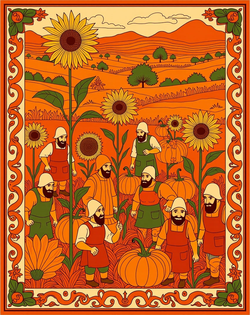 Autumn Harvest Farmers Sunflowers Pumpkins Scene Rug