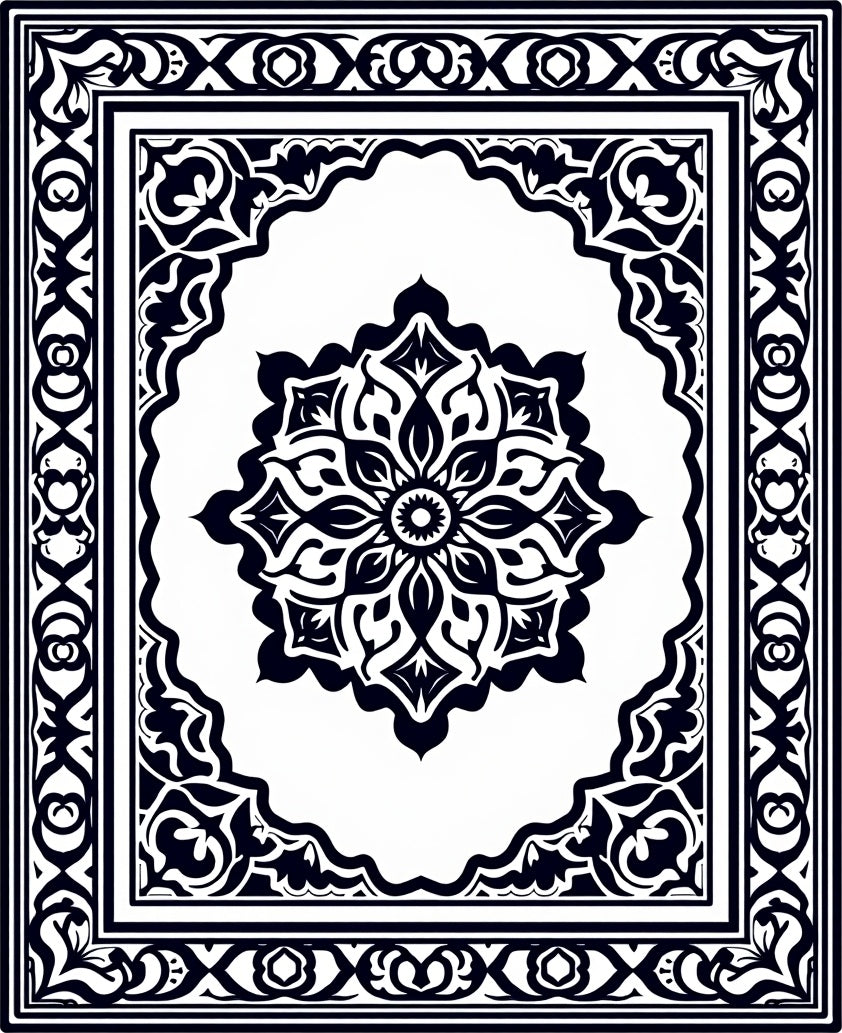 Black White Palmette Medallion Frame Rug