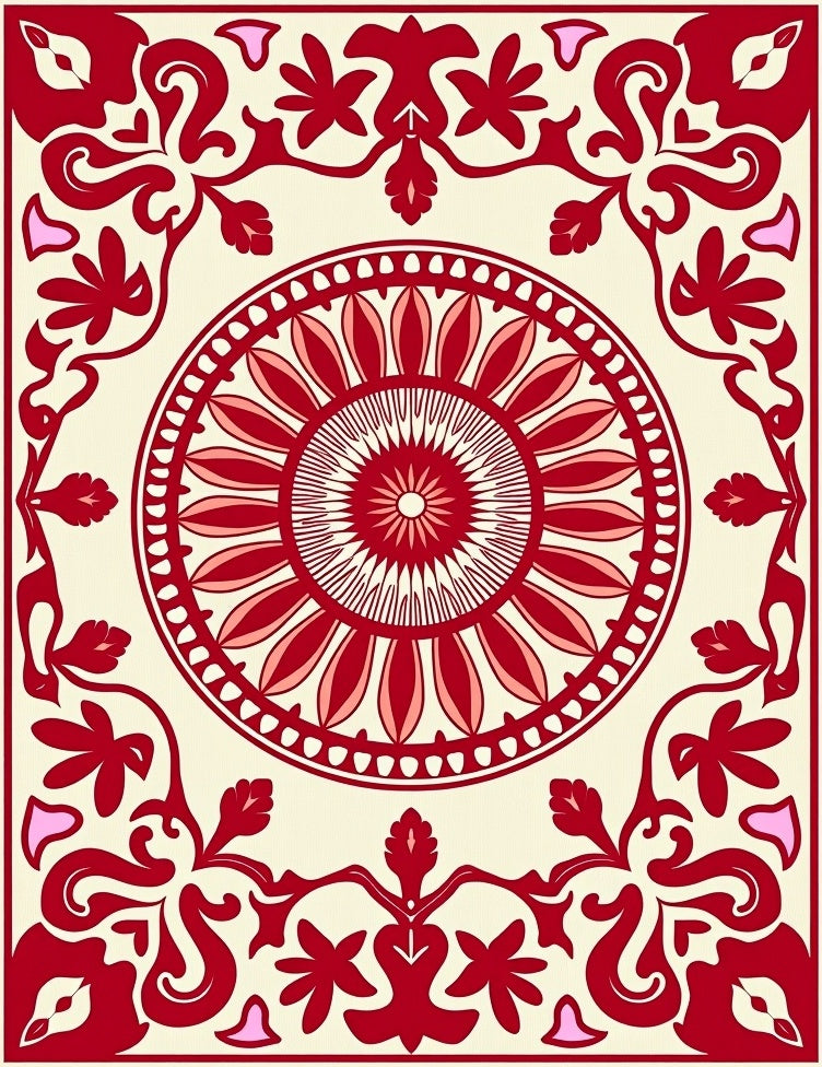 Crimson Floral Medallion Ivory Border Rug