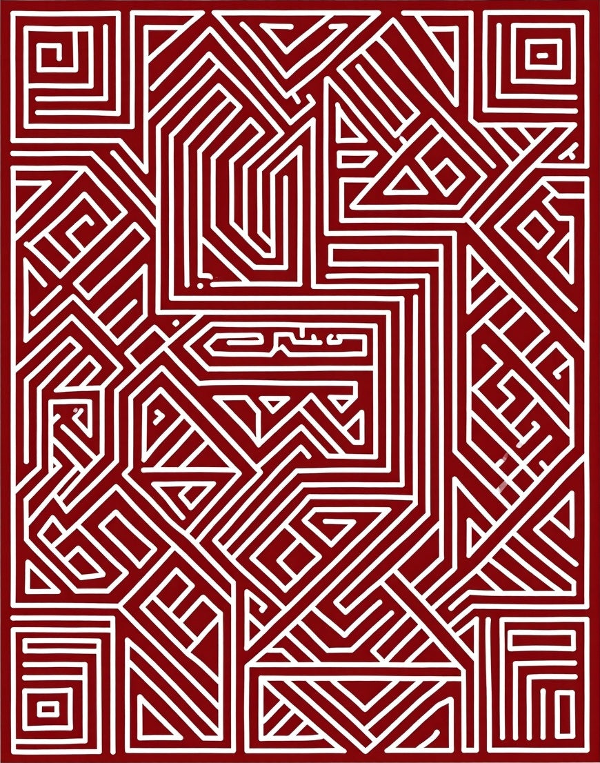Deep Red Abstract Geometric Maze Rug