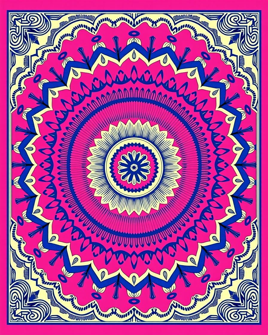 Vibrant Pink Blue Sunburst Mandala Rug