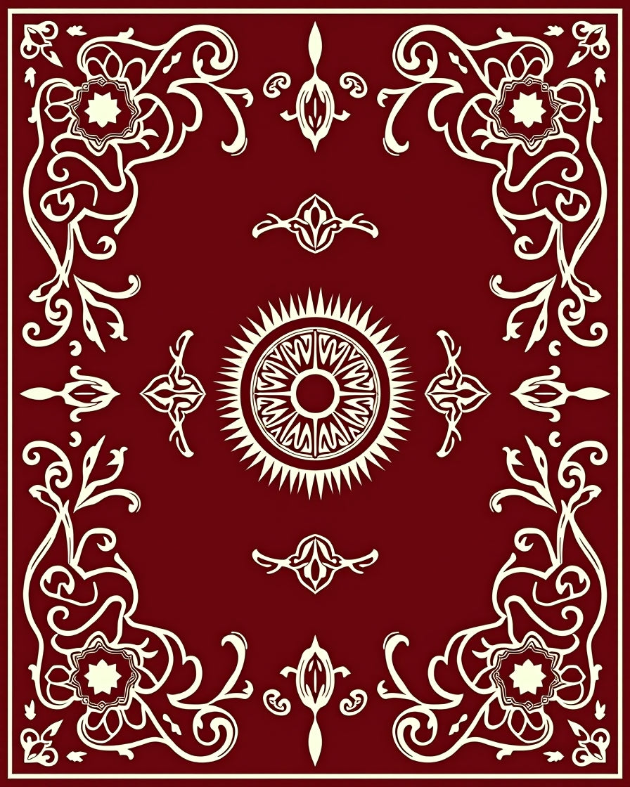 Maroon Floral Medallion Sunburst Center Rug