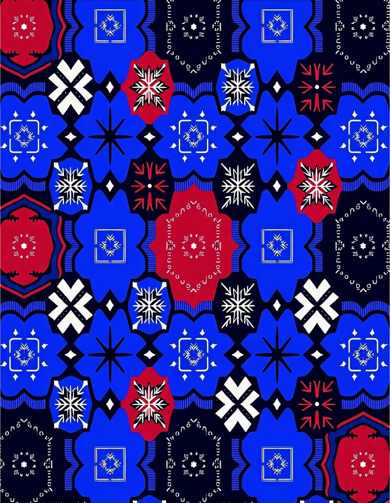 Bold Blue Red Geometric Floral Medallion Rug