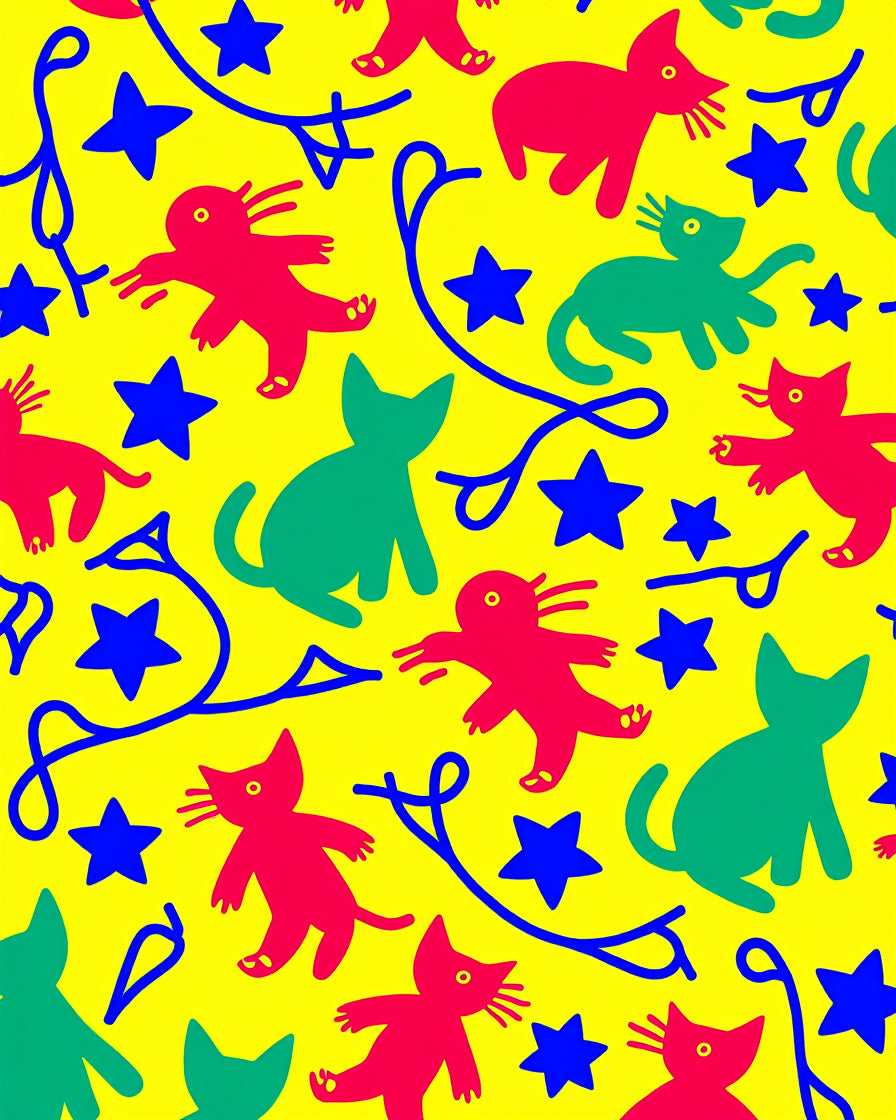 Whimsical Red Green Cat Star Rug