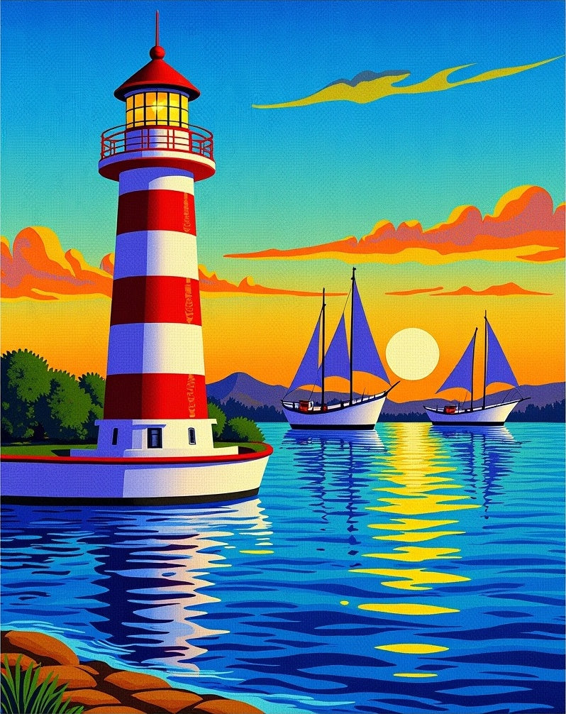 Striped Lighthouse Sailboats Sunset Scene Rug
