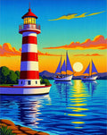 Striped Lighthouse Sailboats Sunset Scene Rug