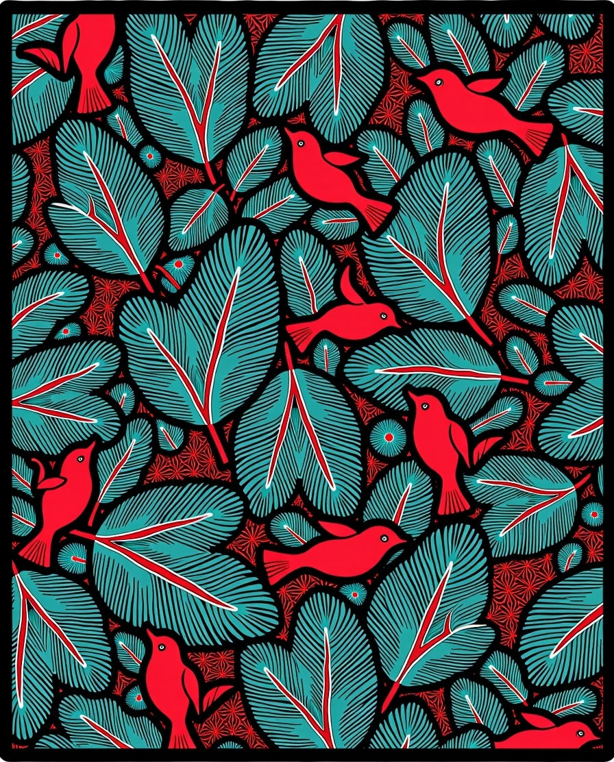 Crimson Birds Teal Feathered Foliage Rug