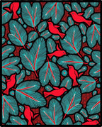 Crimson Birds Teal Feathered Foliage Rug