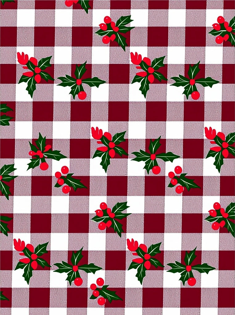 Deep Red White Gingham Holly Berries Rug