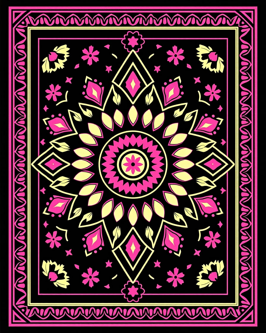Vibrant Pink Yellow Mandala Flowers Rug