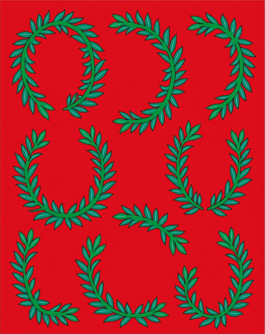 Red Green Laurel Wreath Round Collage Rug
