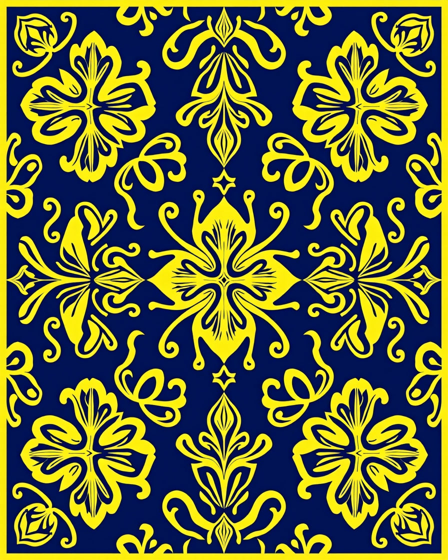 Elegant Yellow Floral Damask Navy Rug