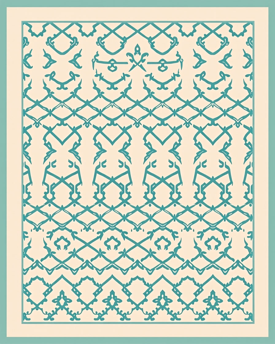 Cream Teal Ornate Lattice Rug