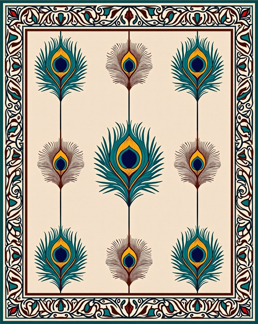 Peacock Feather Emerald Gold Intricate Border Rug