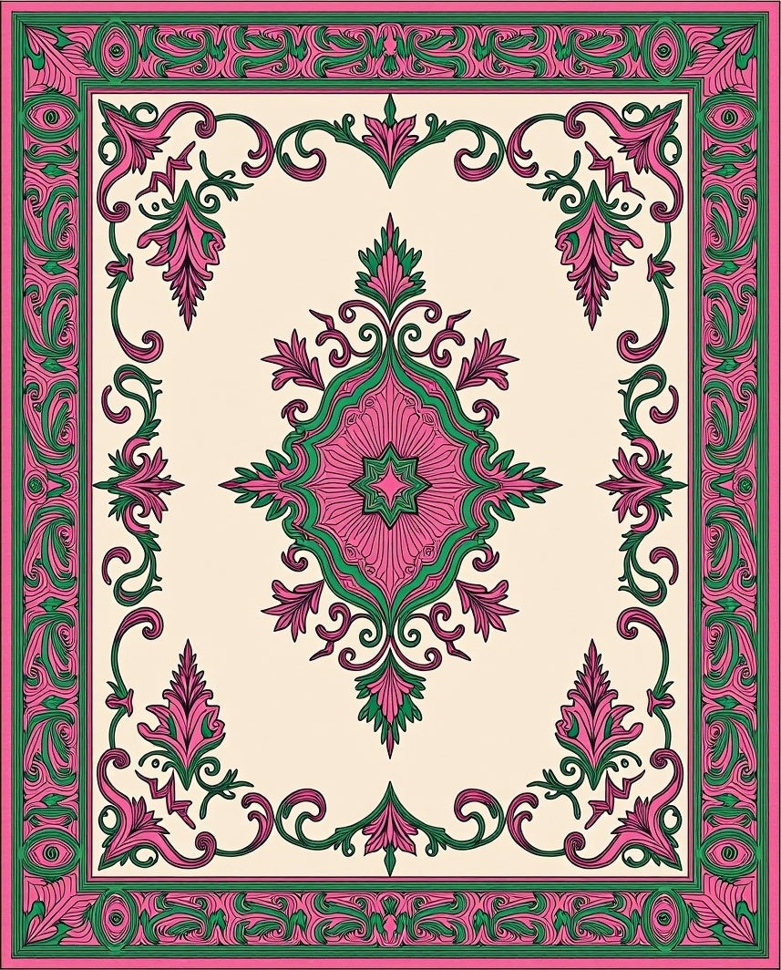 Ornate Pink Green Floral Medallion Border Rug