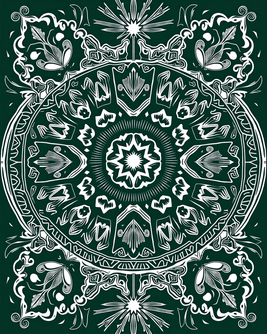 Deep Emerald White Intricate Mandala Rug