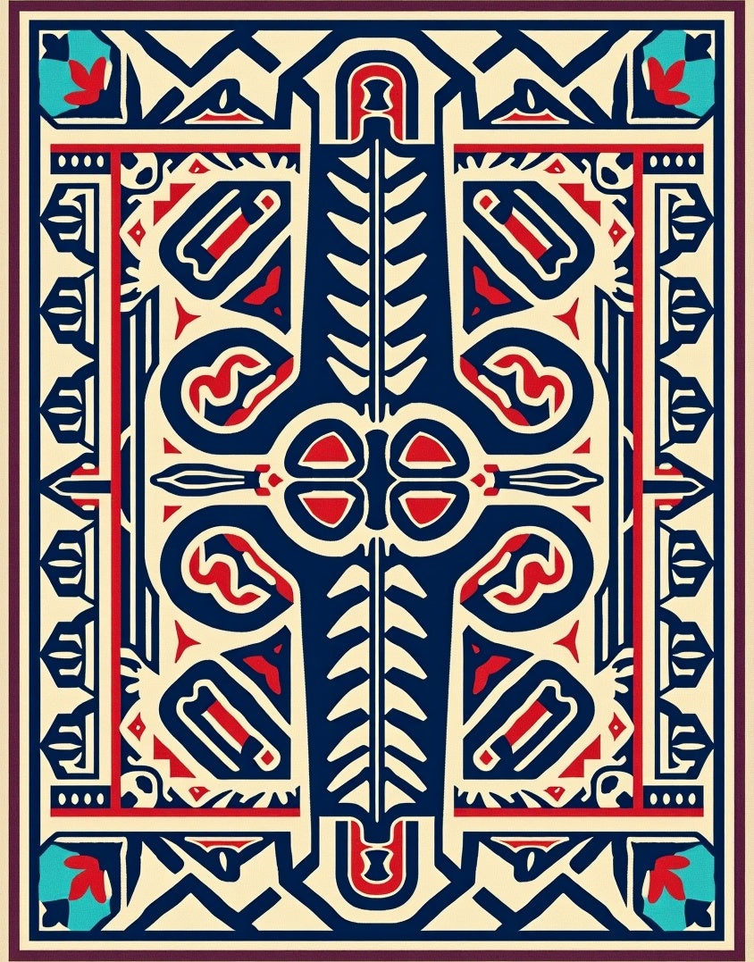 Bold Blue Red Ivory Geometric Symbol Rug