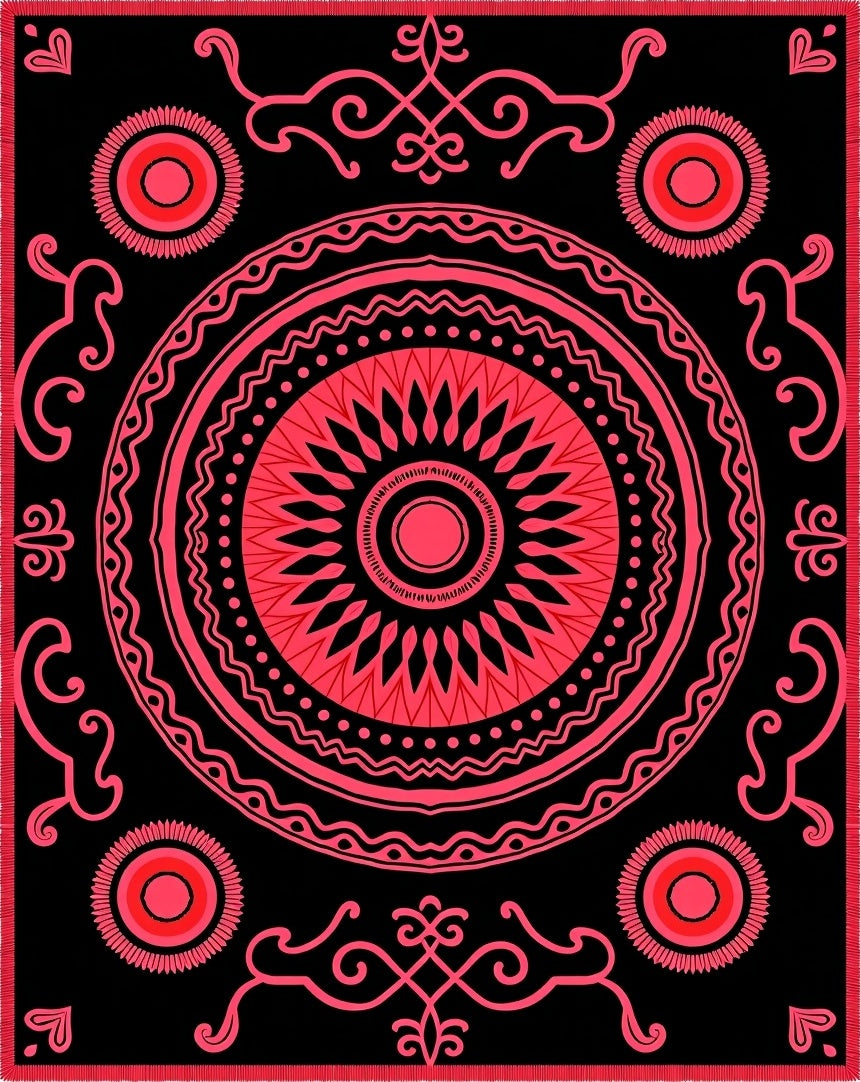 Bold Red Sunburst Mandala Rug