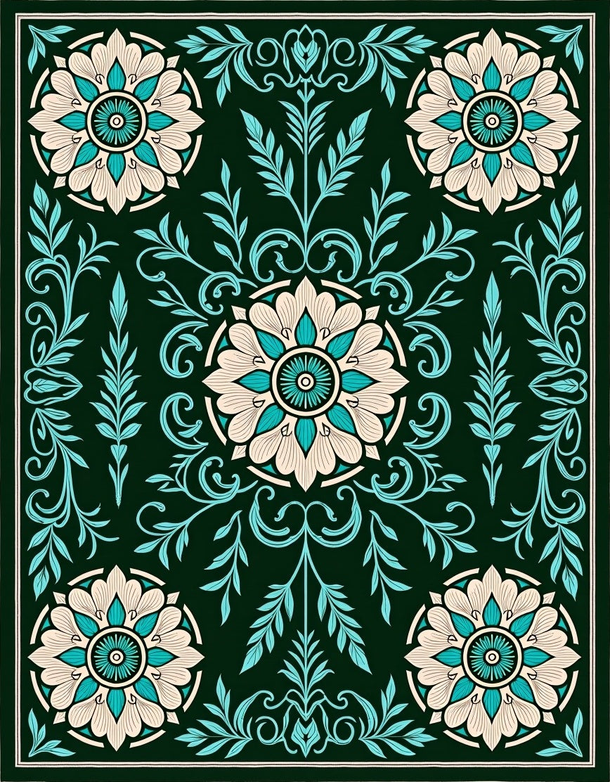 Deep Teal Floral Medallion Garden Rug