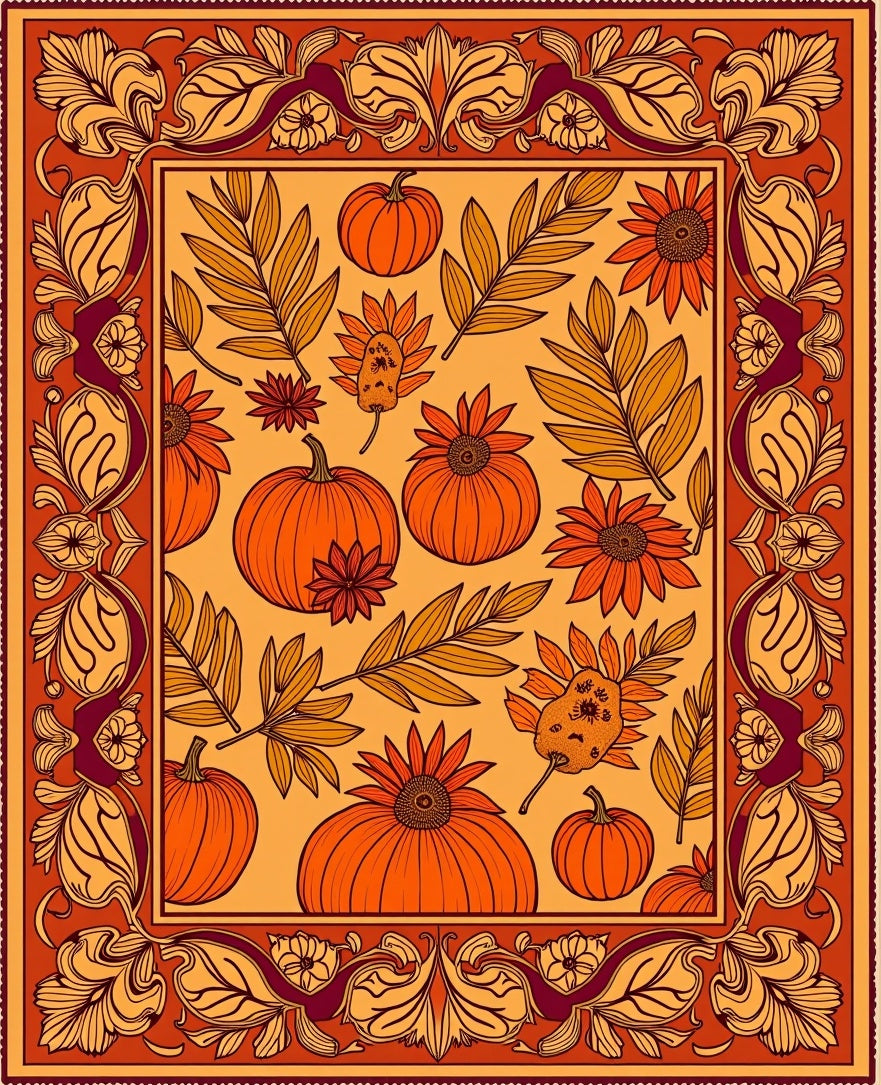 Whimsical Orange Pumpkin Floral Border Rug