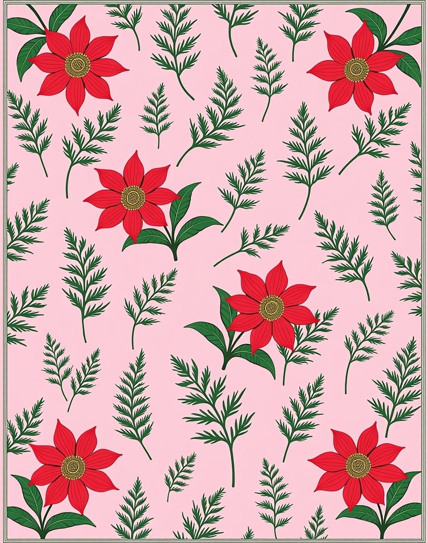 Red Floral Fern Background Rug