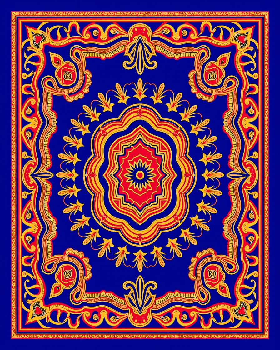 Royal Blue Red Yellow Medallion Border Rug