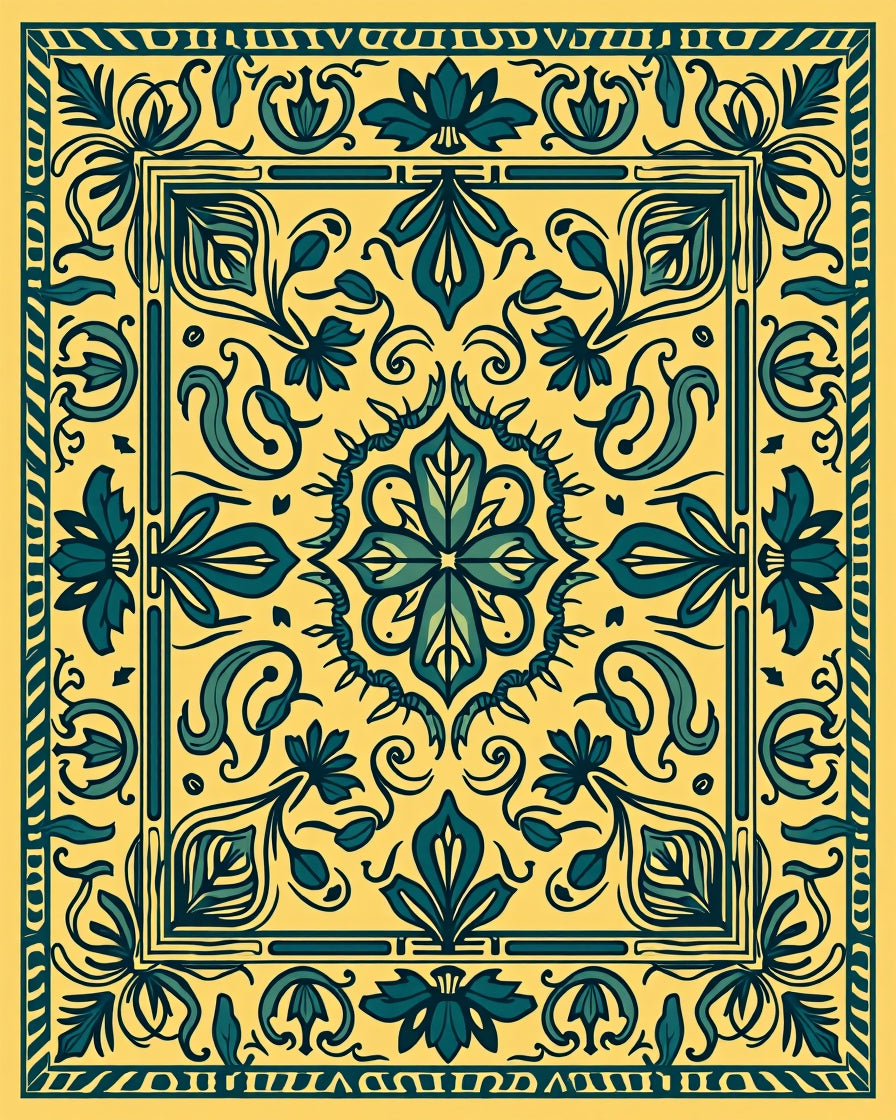 Golden Teal Floral Medallion Rug
