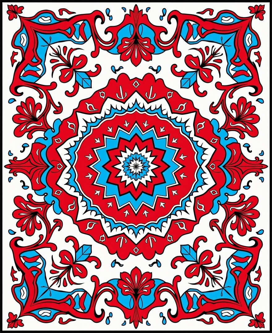 Bold Red Blue Floral Medallion Rug