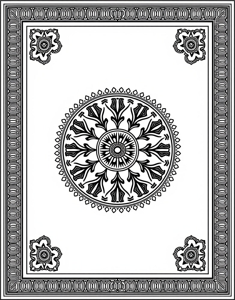 Ornate Black Medallion Border Rug