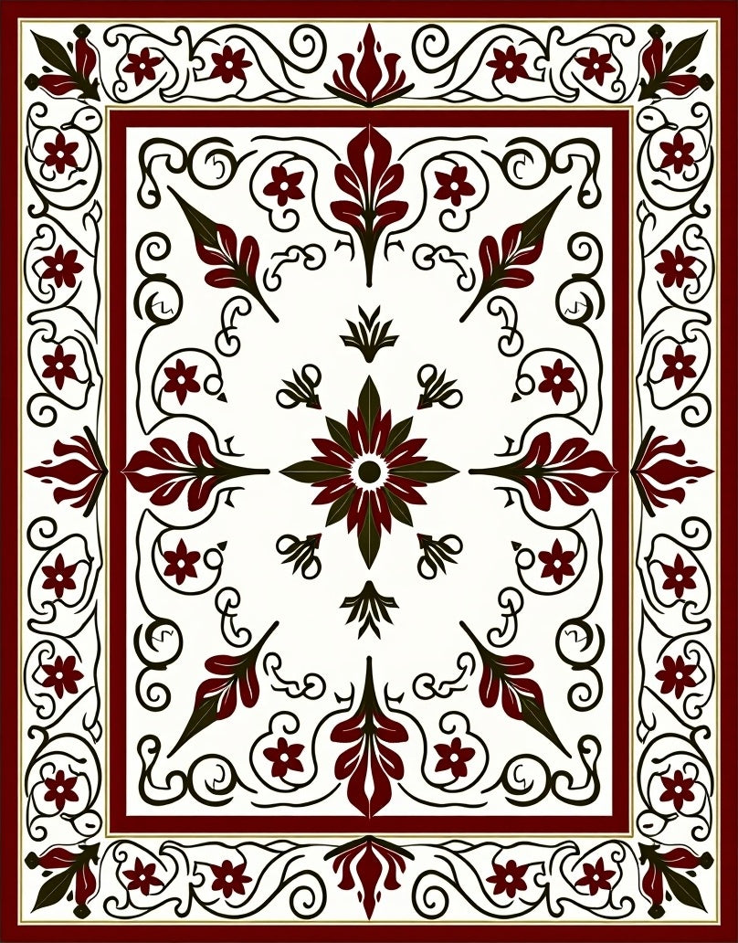 Deep Red Floral Vine Medallion Rug