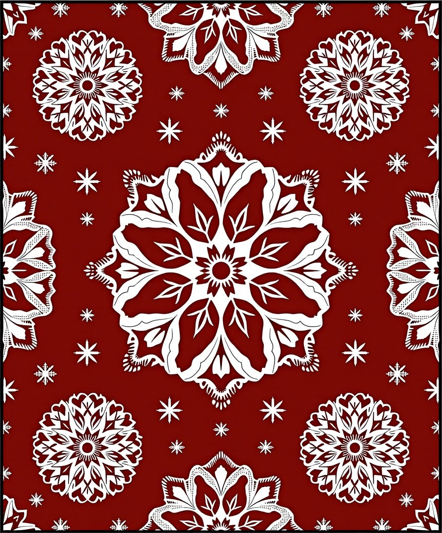 Crimson White Mandala Snowflake Arrangement Rug