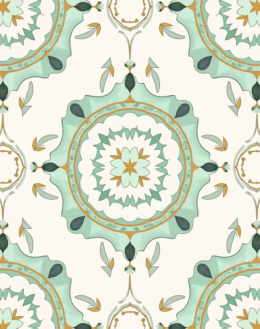 Mint Gold Medallion Damask Rug