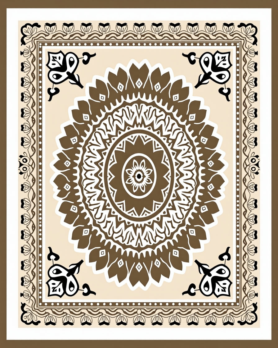 Ornate Brown Mandala Medallion Frame Rug