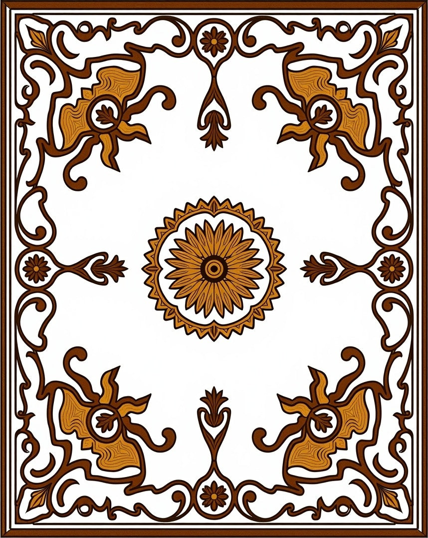 Brown Golden Floral Medallion Frame Rug
