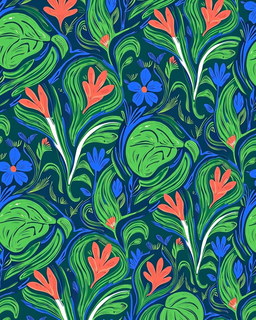 Bold Coral Blue Green Floral Swirls Rug
