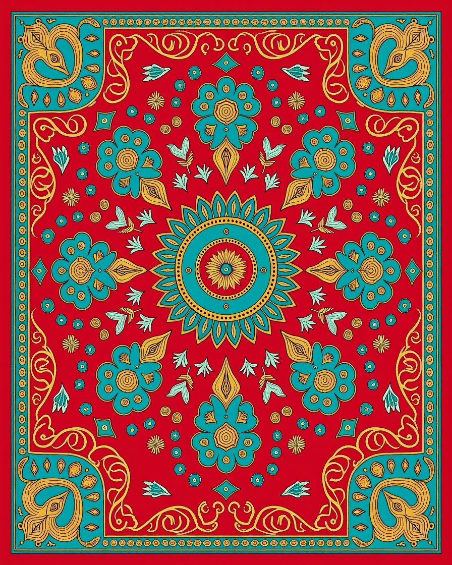 Vibrant Red Teal Floral Mandala Rug
