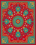 Vibrant Red Teal Floral Mandala Rug