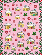 Whimsical Yellow Houses Snowflakes Border Rug