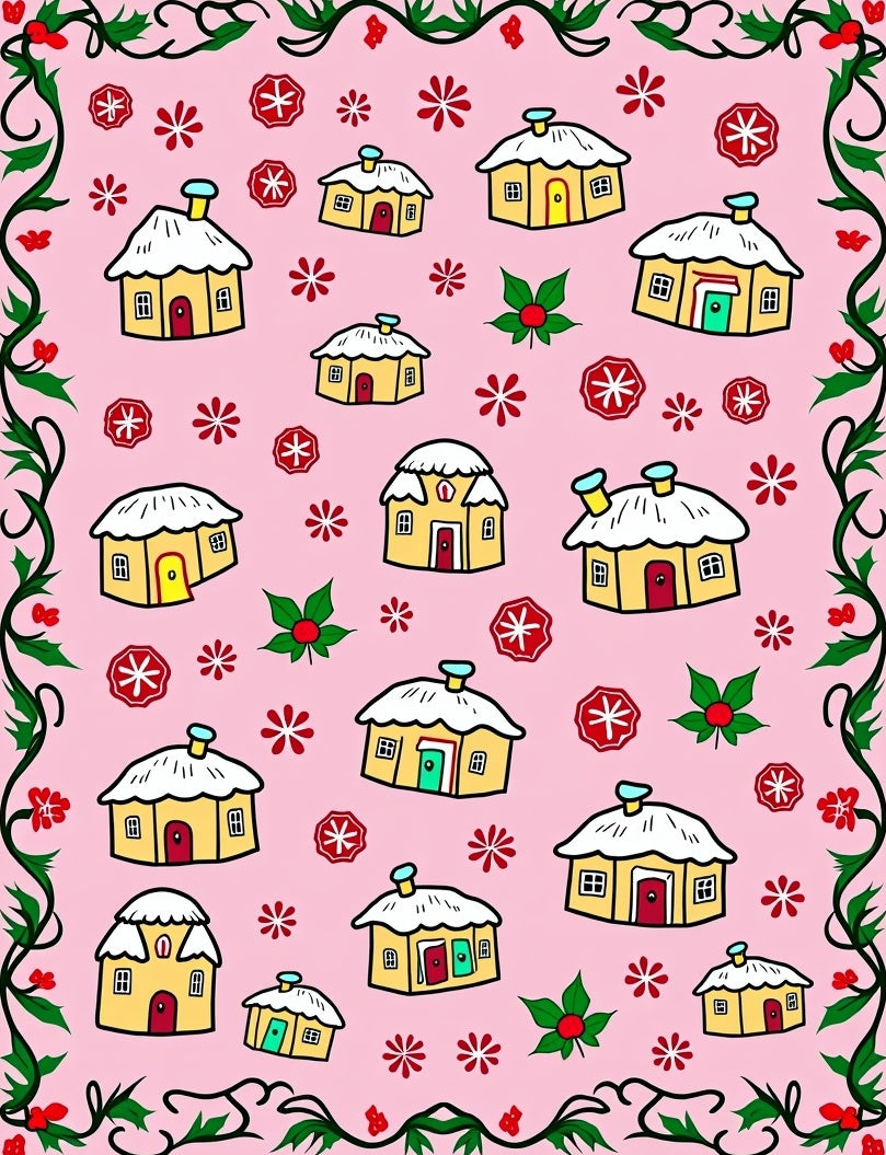 Whimsical Yellow Houses Snowflakes Border Rug