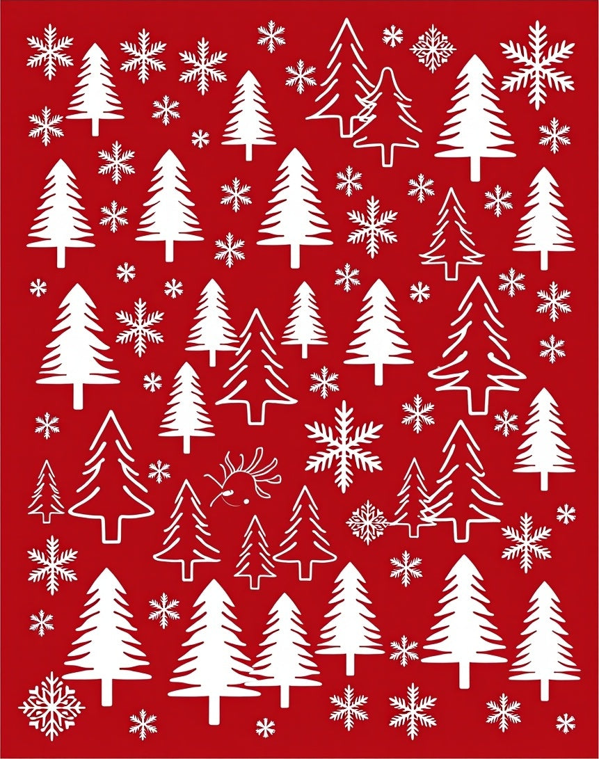 Crimson White Christmas Trees Snowflakes Rug