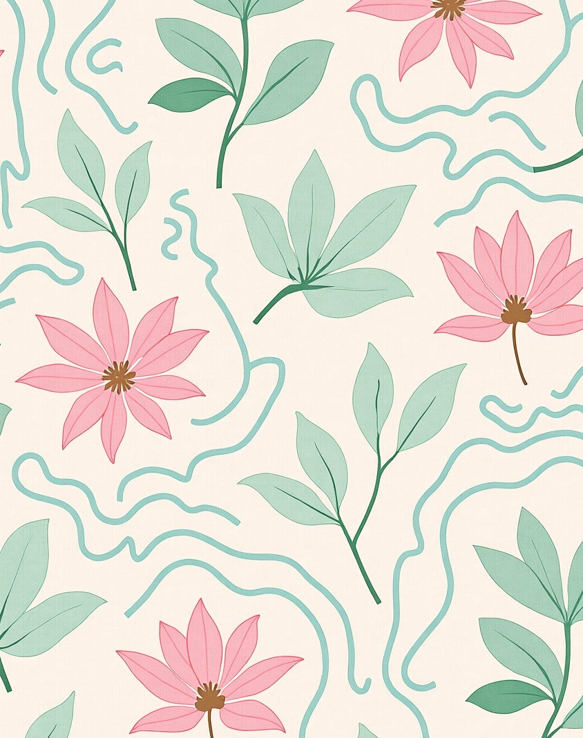 Pastel Pink Floral Mint Leaf Swoosh Rug