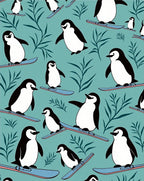 Winter Penguin Skiing Teal Foliage Rug