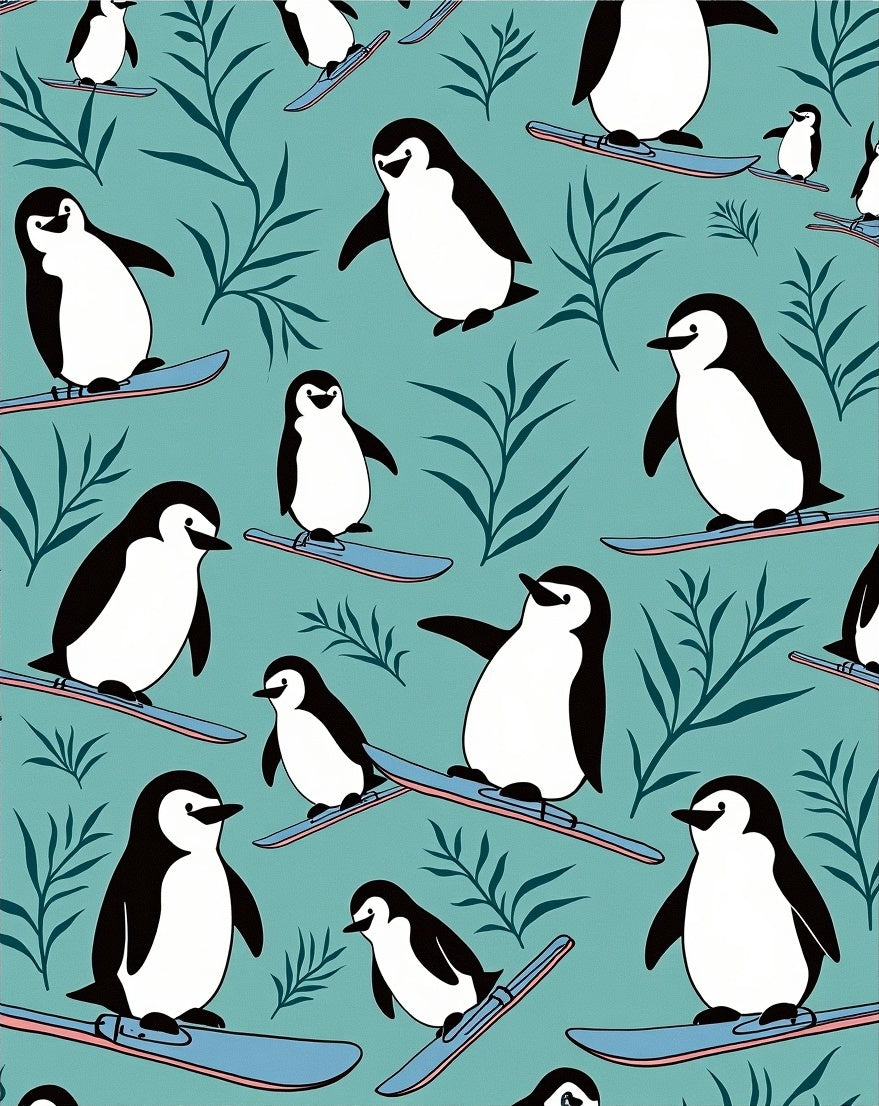 Winter Penguin Skiing Teal Foliage Rug