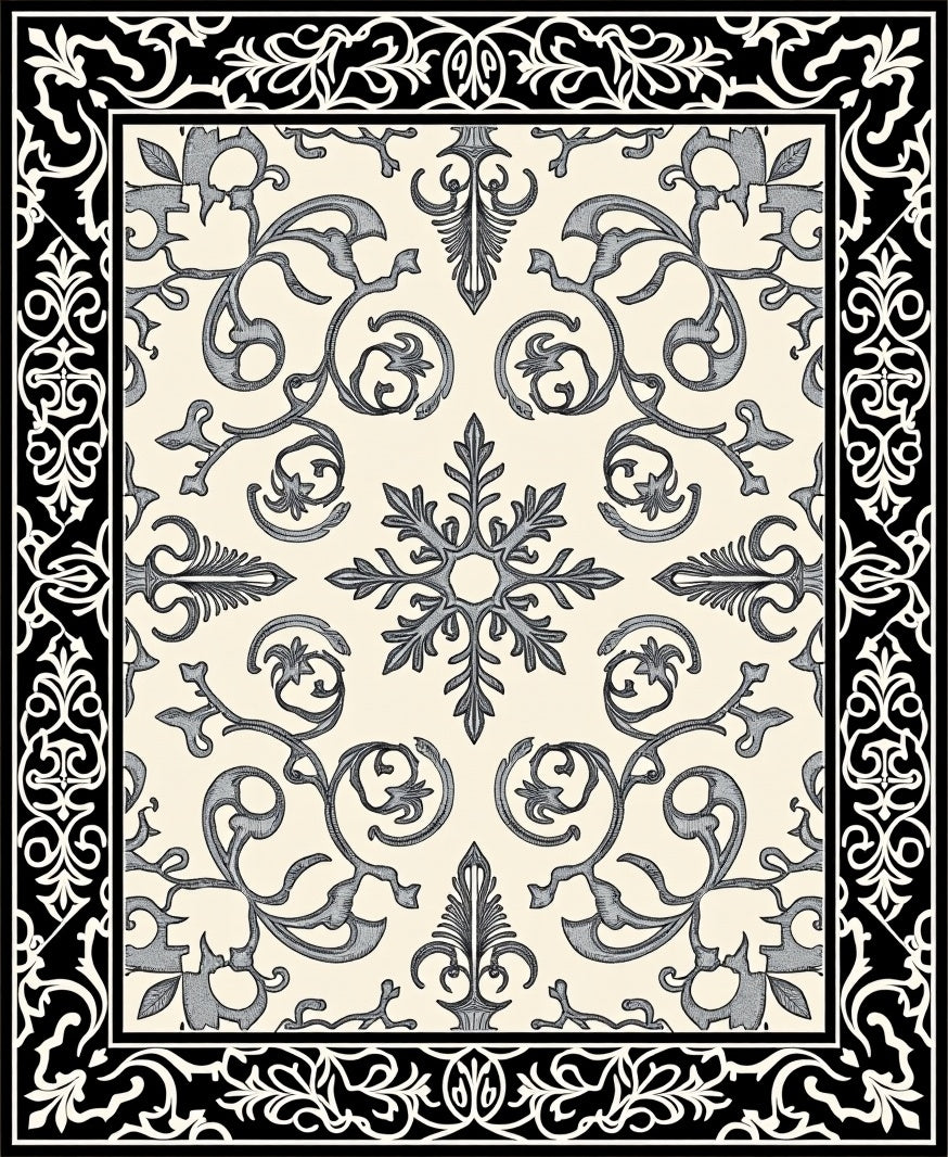Classic Ivory Black Damask Scroll Rug