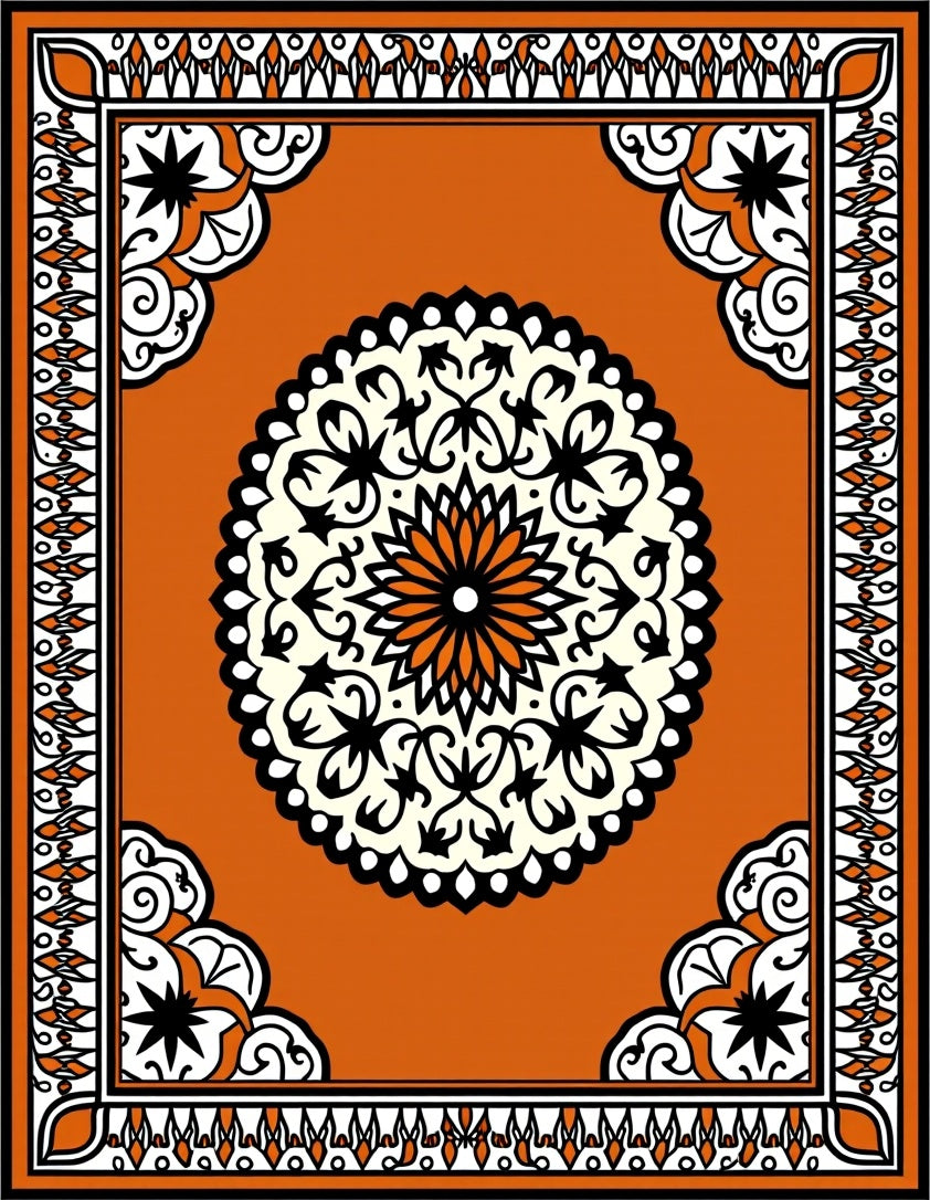 Orange Black White Mandala Border Area Rug