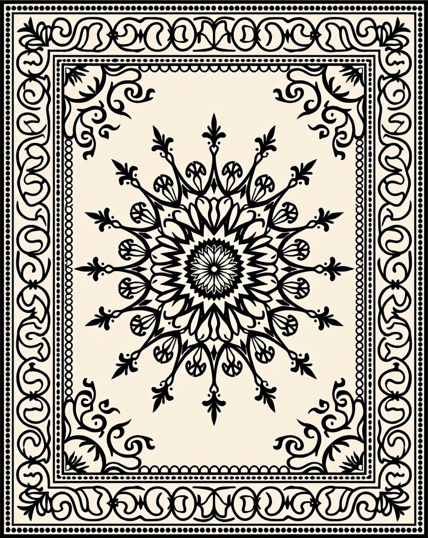 Black Sunburst Mandala Border Rug